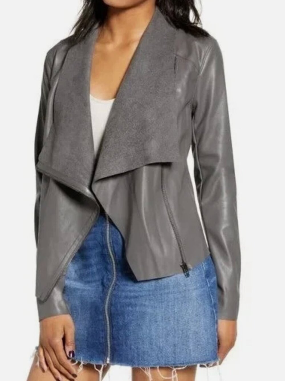 BLANK NYC Onto the Next Grey Swiftie Vegan Leather Draped Moto Jacket Large